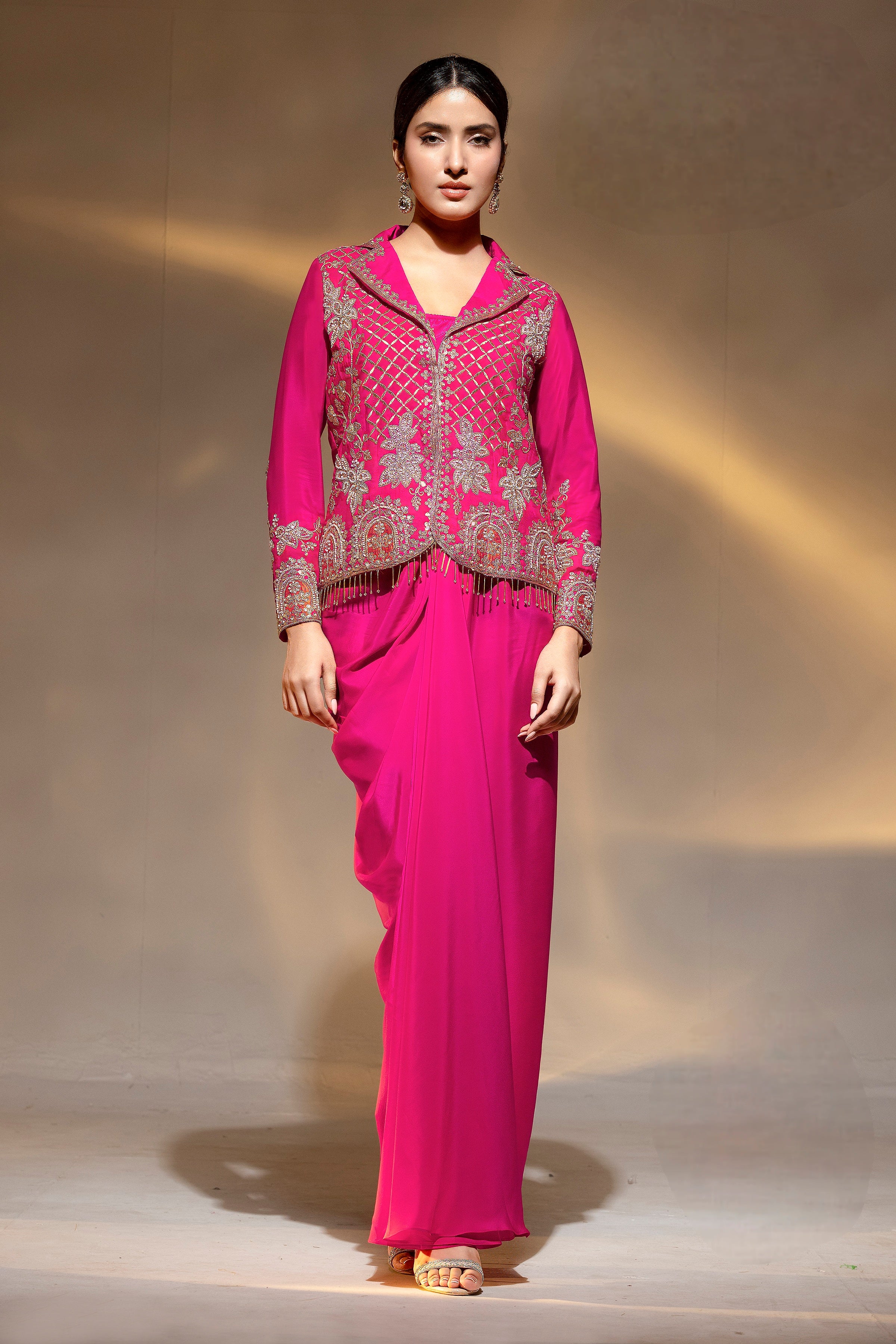 Dabka Dori Work Collar Top with Cowl Draped Skirt Set EASR0077