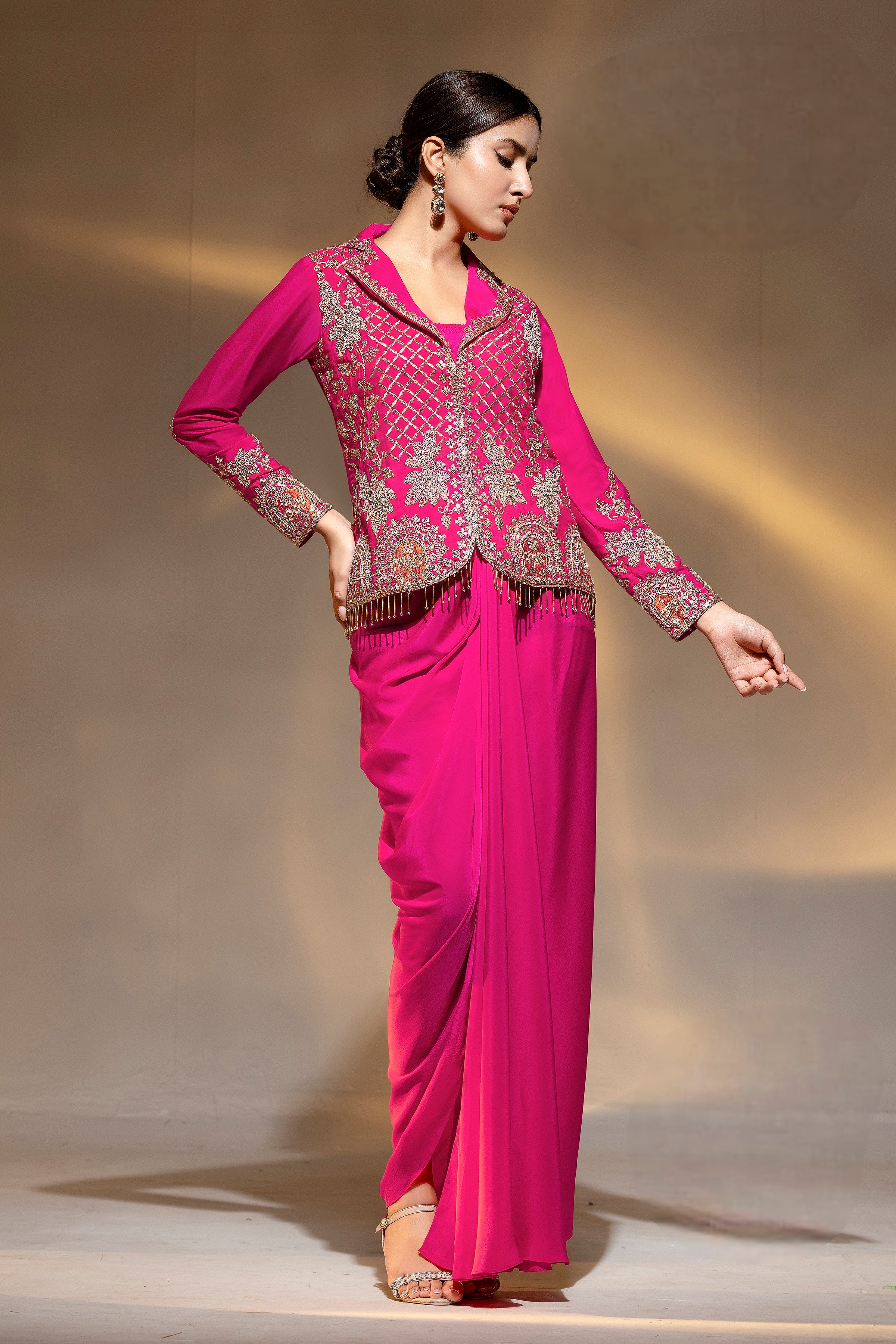 Dabka Dori Work Collar Top with Cowl Draped Skirt Set EASR0077