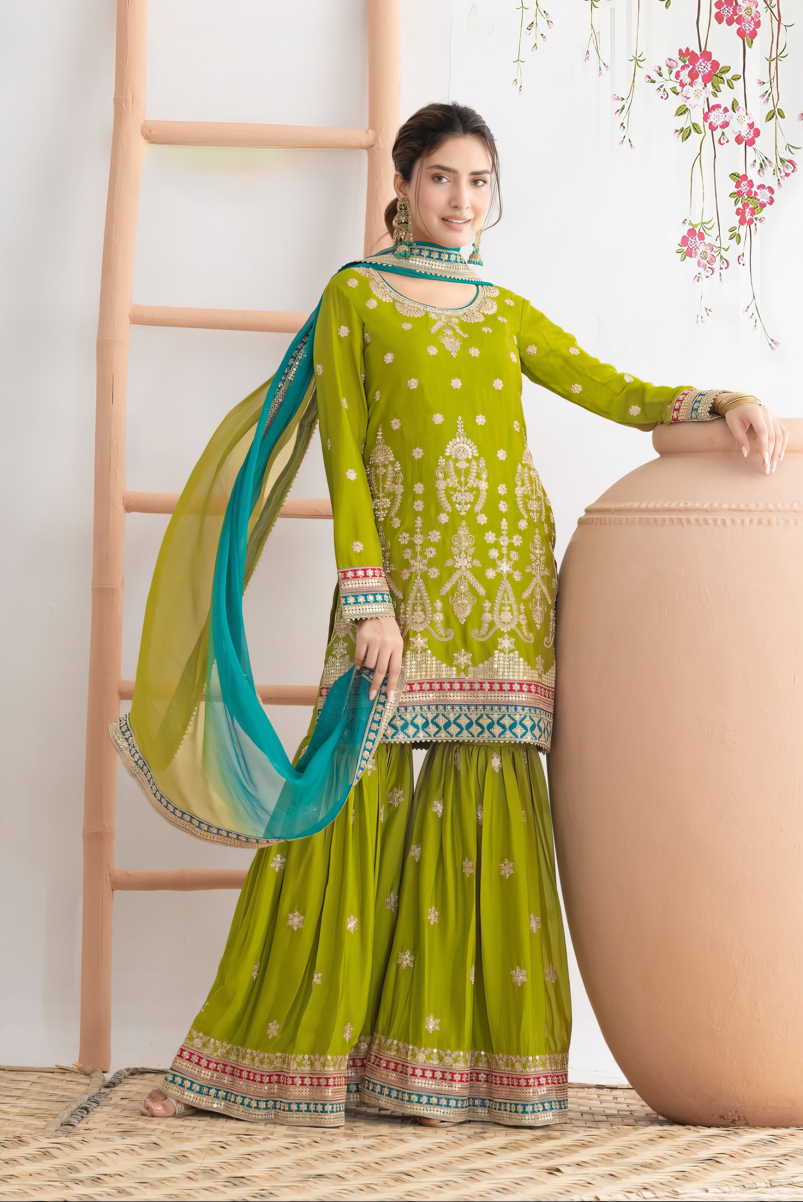 Regal Chinnon Embroidered Sharara Set LXSR0127