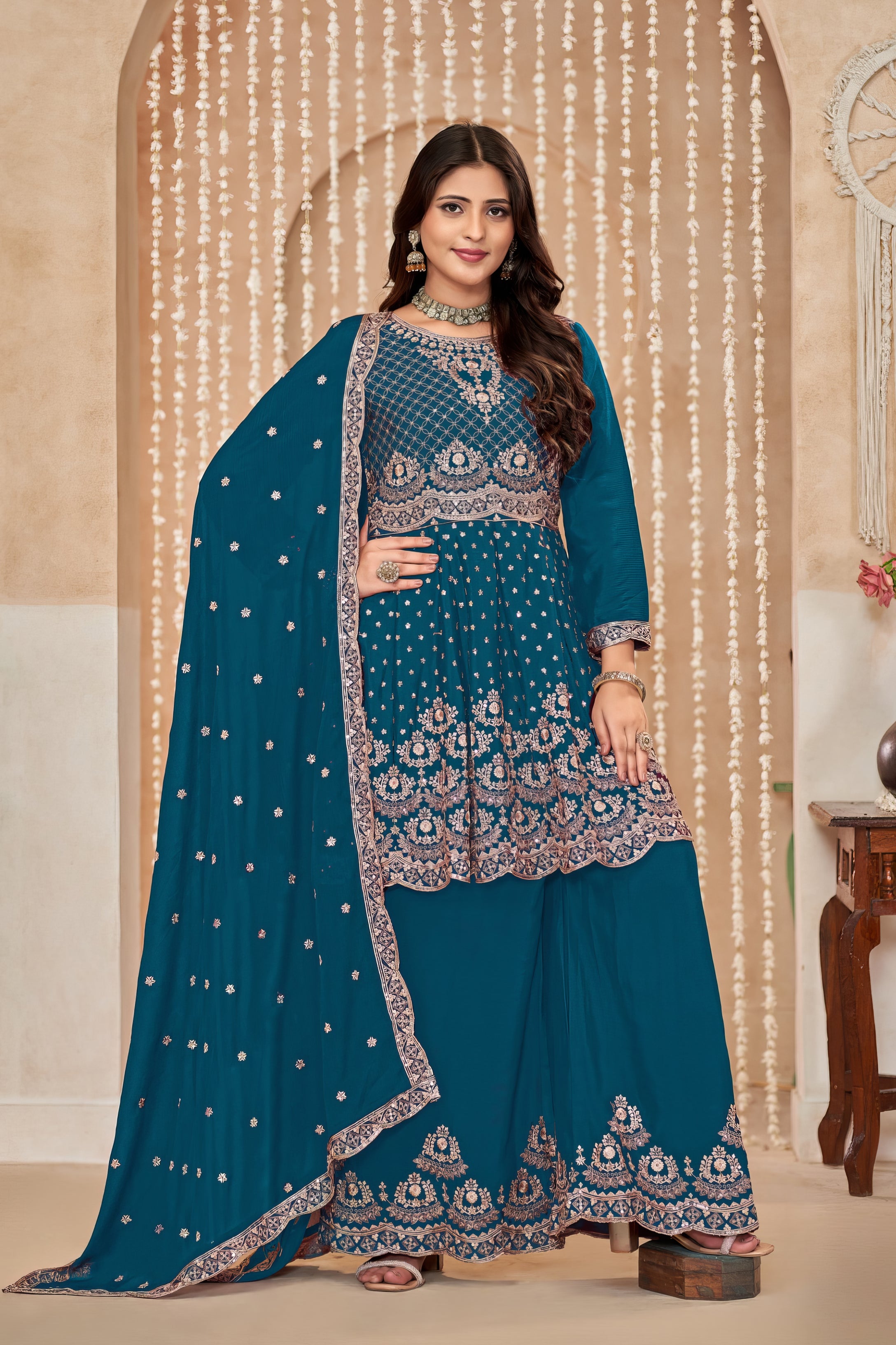 Chinon Embroidered Top with Plazo and Dupatta Set LXSR0128