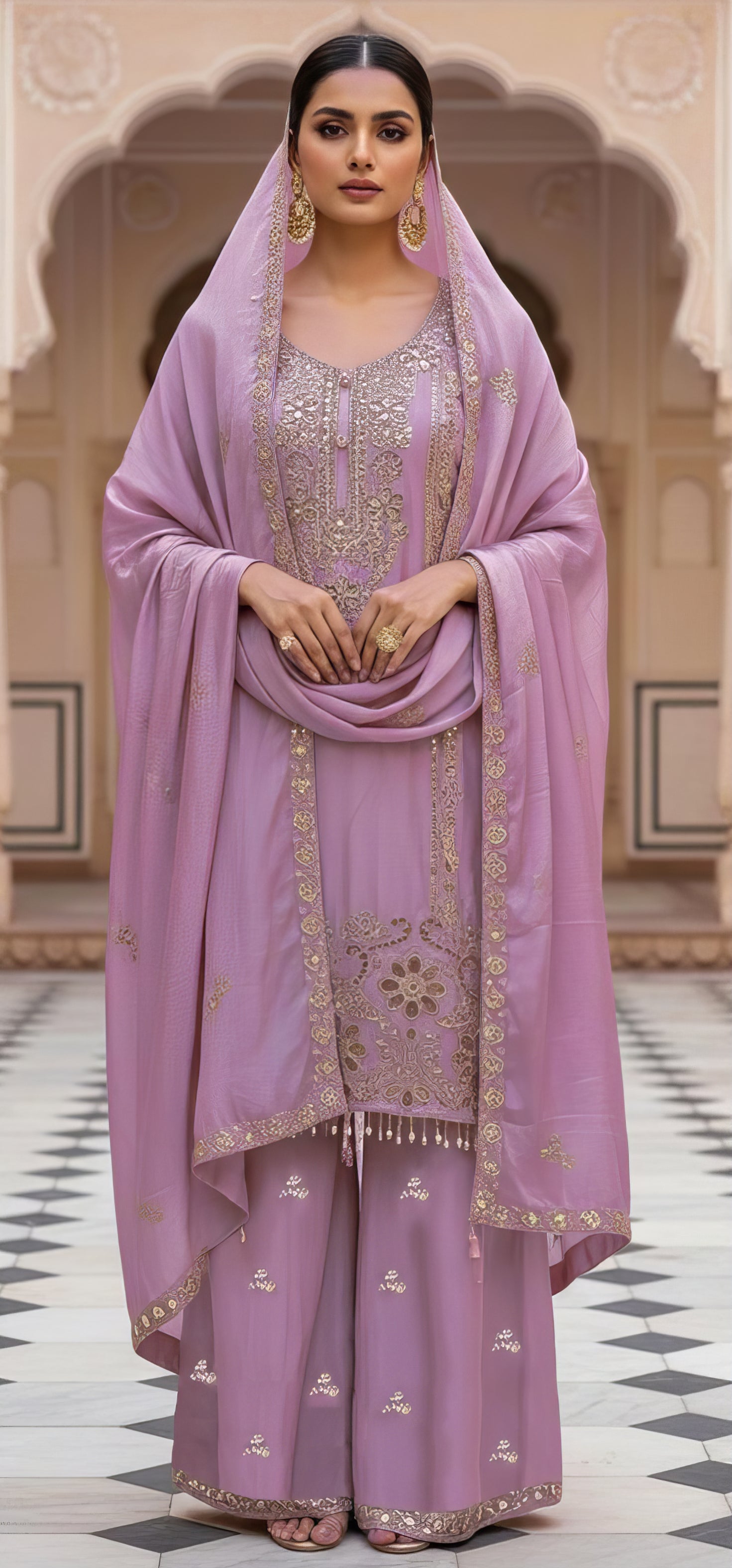 Heavy Chinnon Plazo Suit Set with Cut Work EASR0080