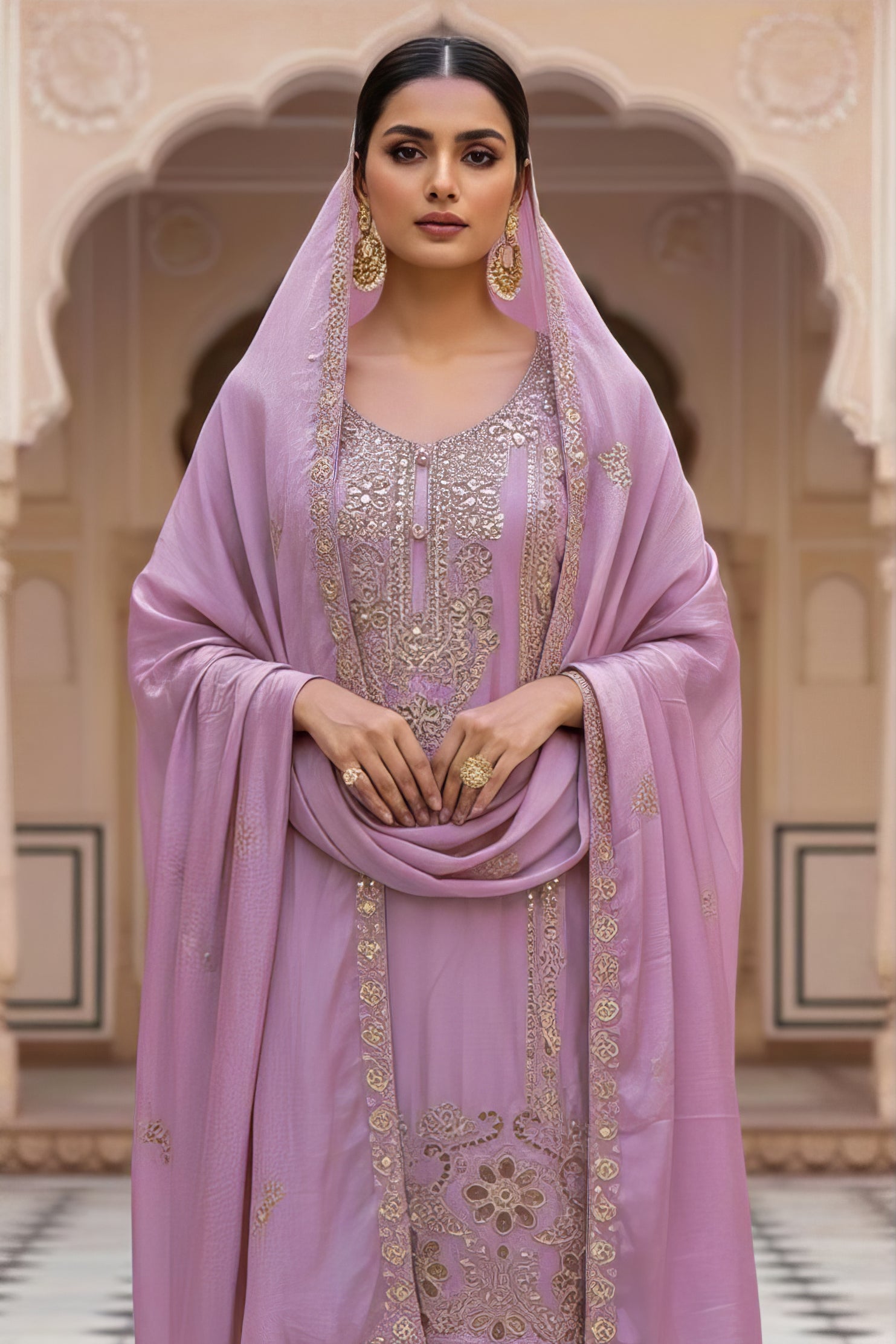 Heavy Chinnon Plazo Suit Set with Cut Work EASR0080