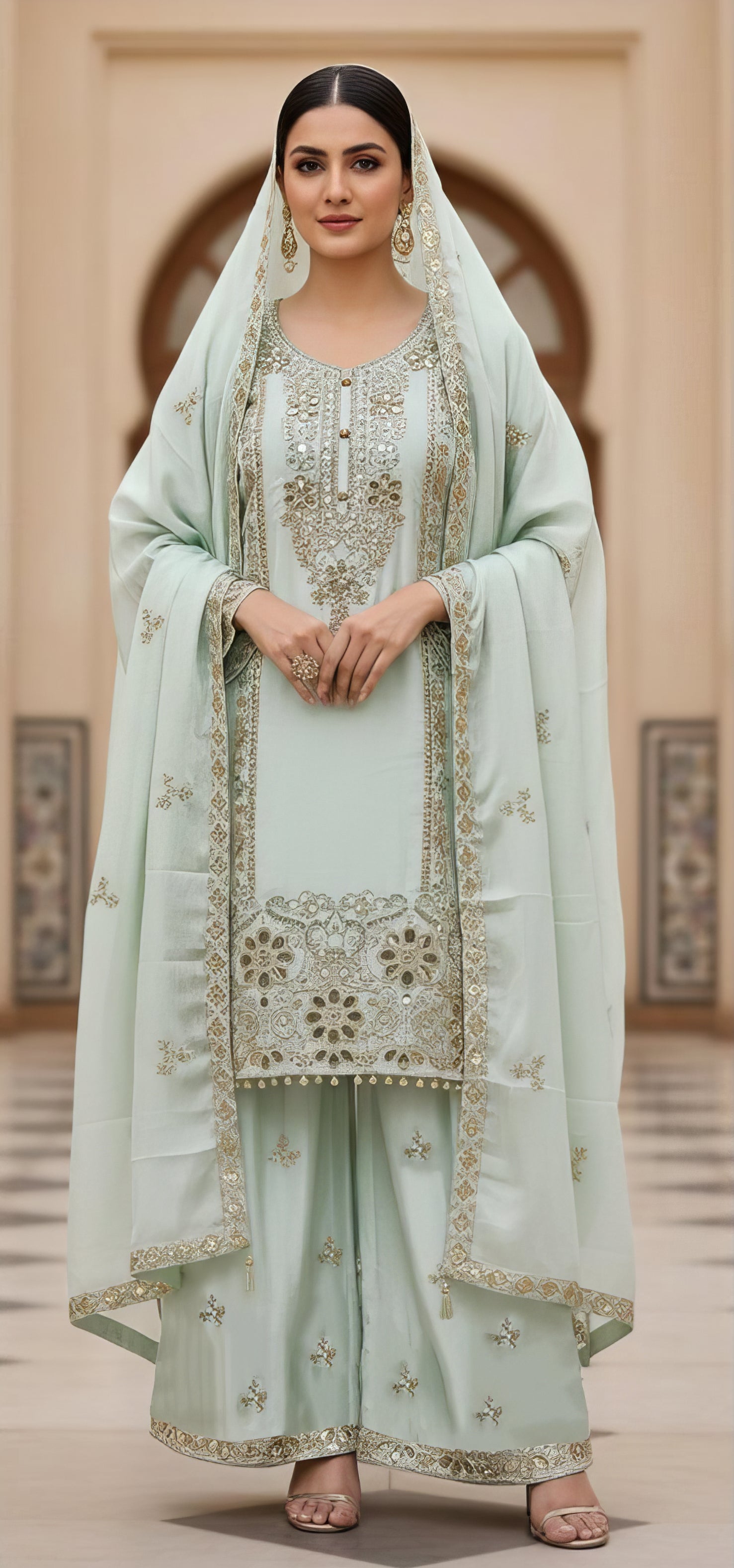 Heavy Chinnon Plazo Suit Set with Cut Work EASR0079