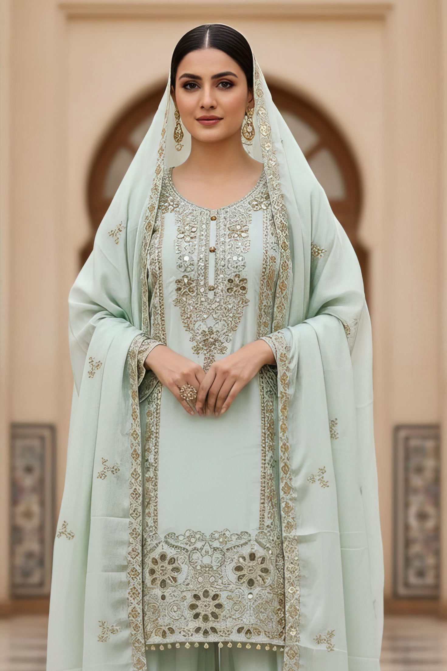 Heavy Chinnon Plazo Suit Set with Cut Work EASR0079