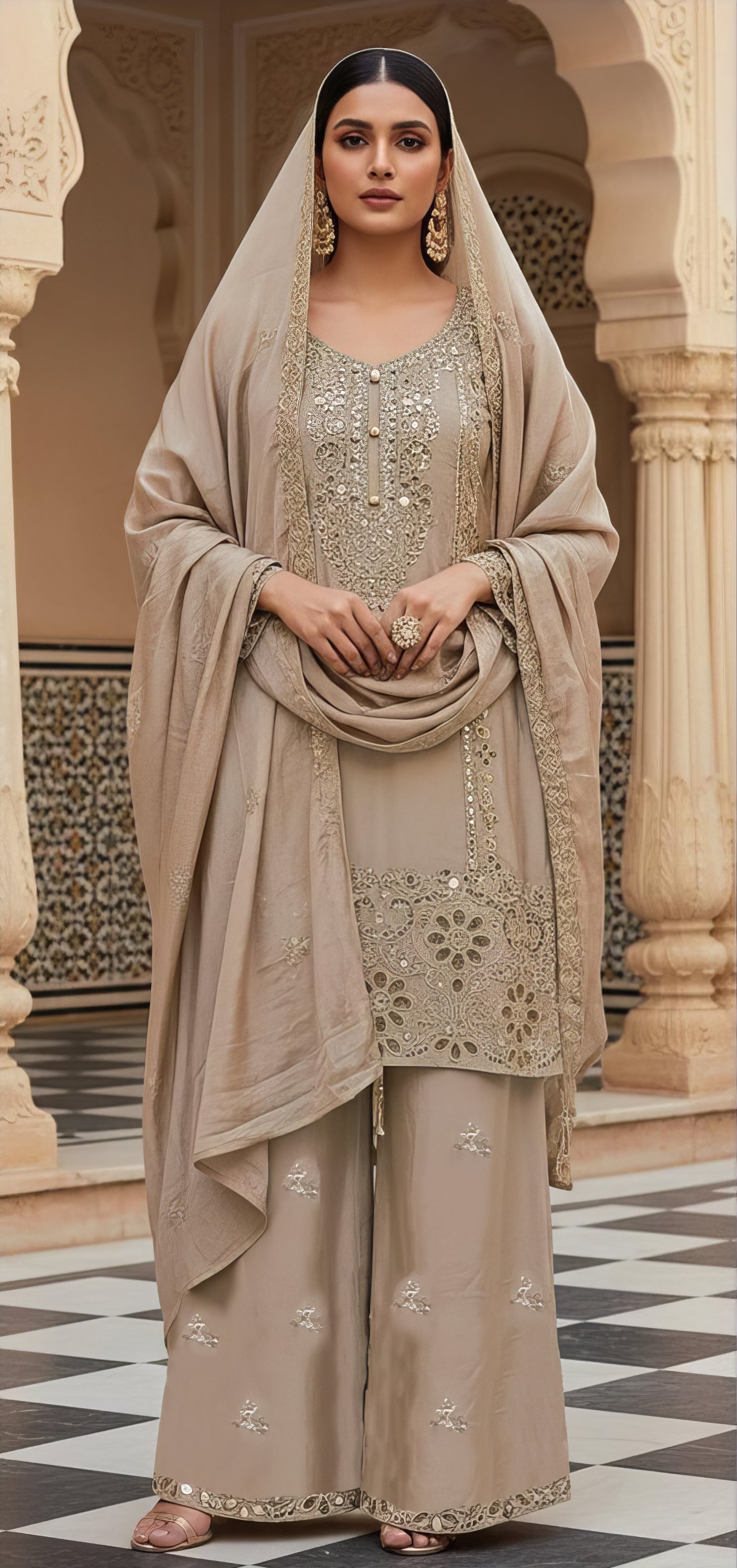 Heavy Chinnon Plazo Suit Set with Cut Work EASR0081
