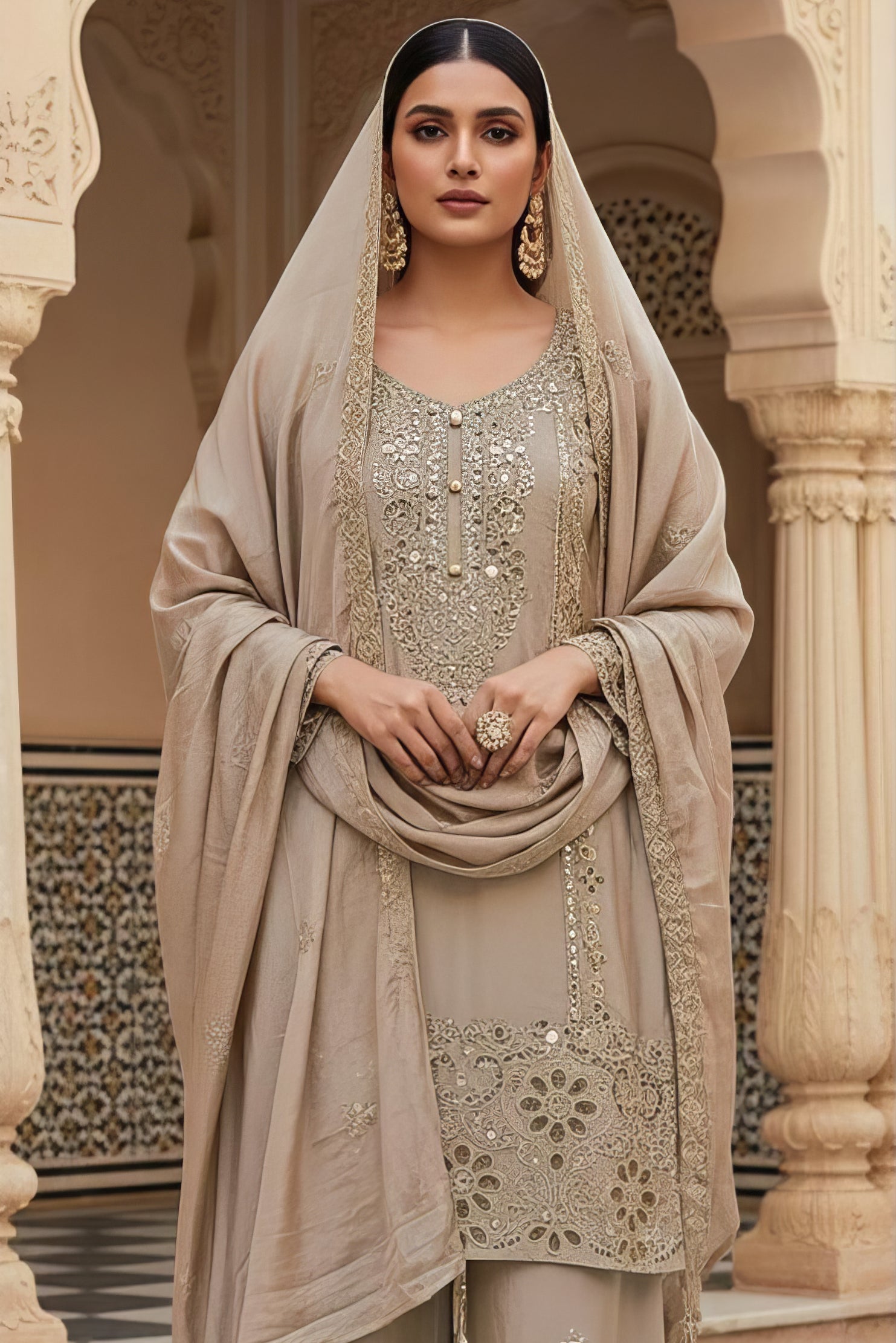 Heavy Chinnon Plazo Suit Set with Cut Work EASR0081