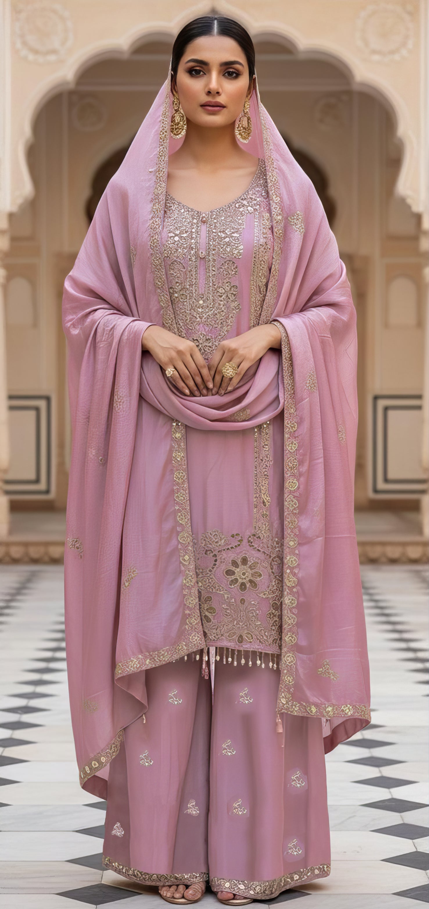 Heavy Chinnon Plazo Suit Set with Cut Work EASR0078