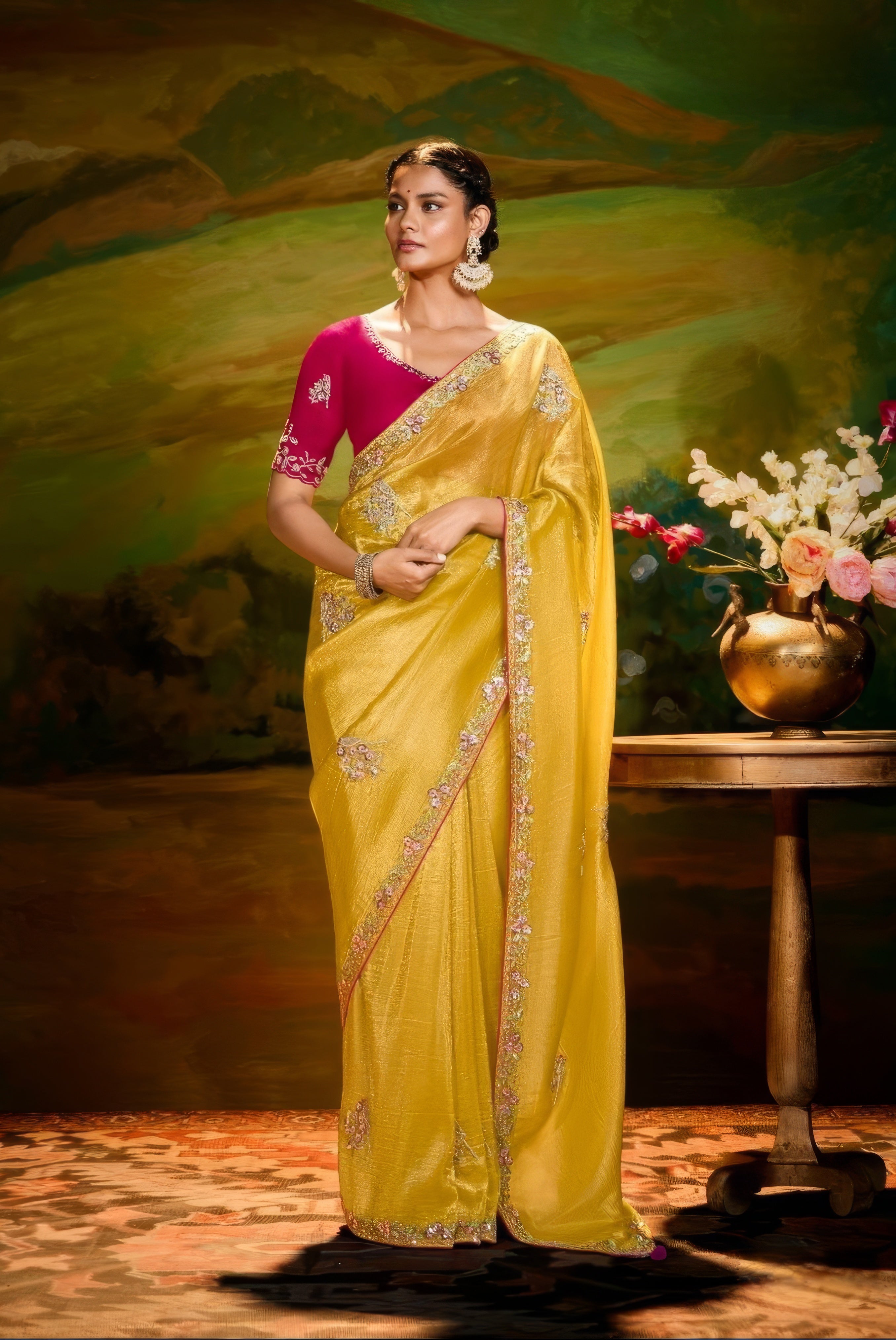 Mustard and Royal Pink Designer Saree LXSE0022