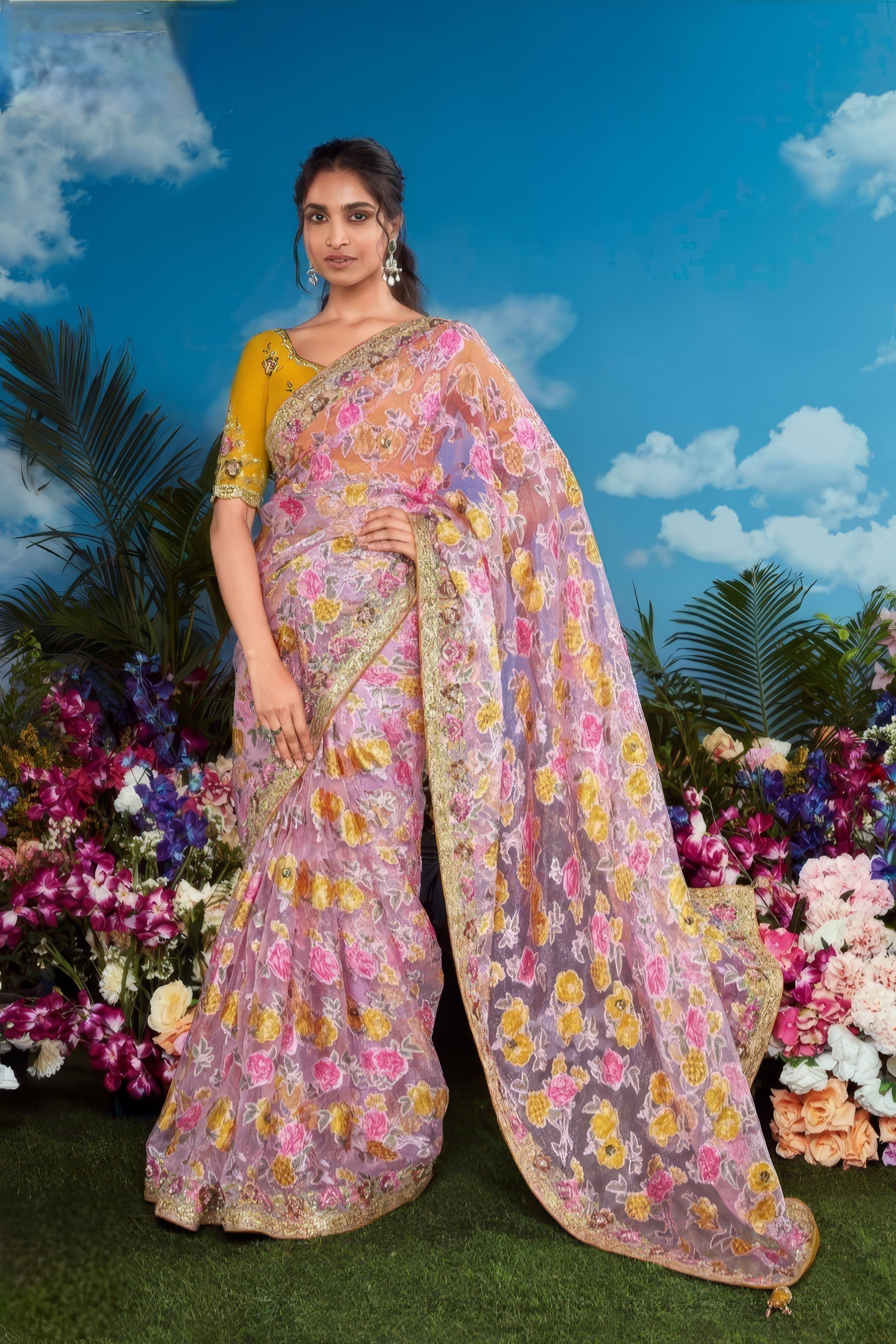 Mustard and Pink Embroidered Saree LXSE0032
