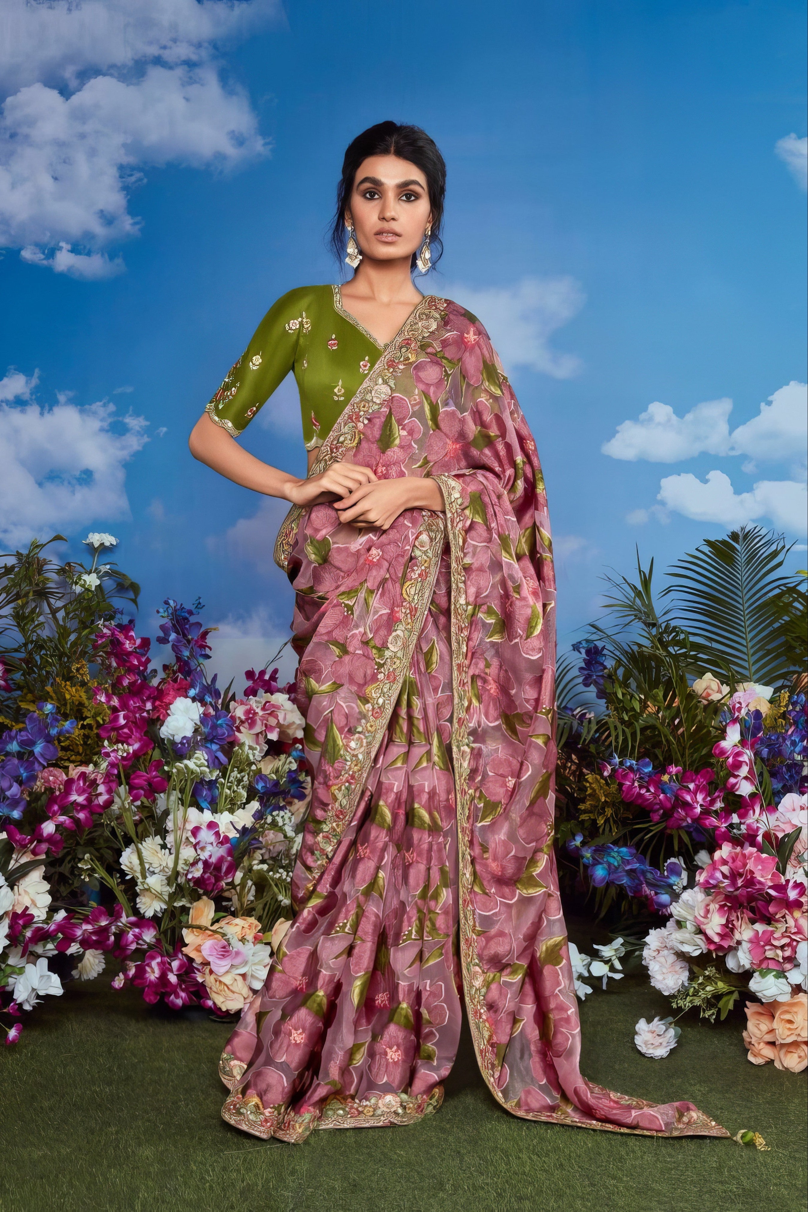 Forest Green and Purple Pure Brasso Saree LXSE0033