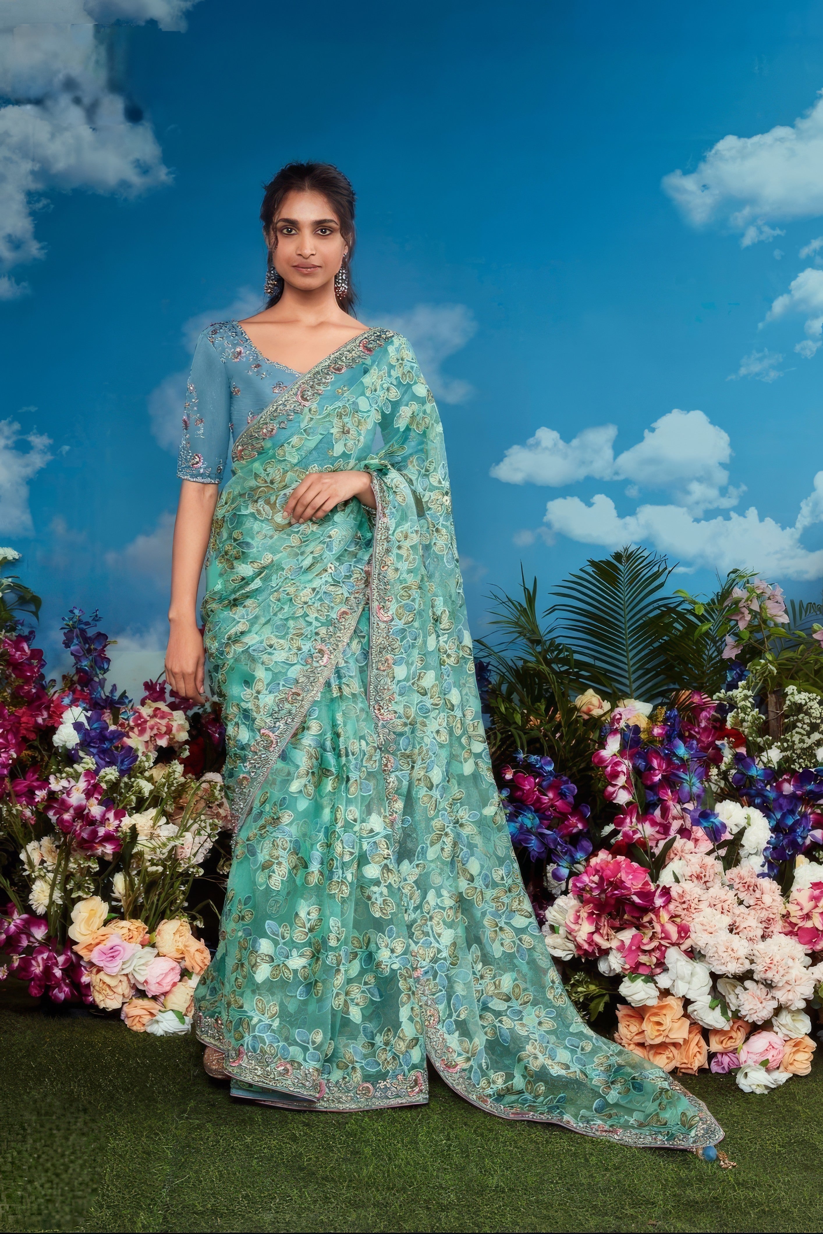 Sky Blue and Turquoise Pure Brasso Saree LXSE0035