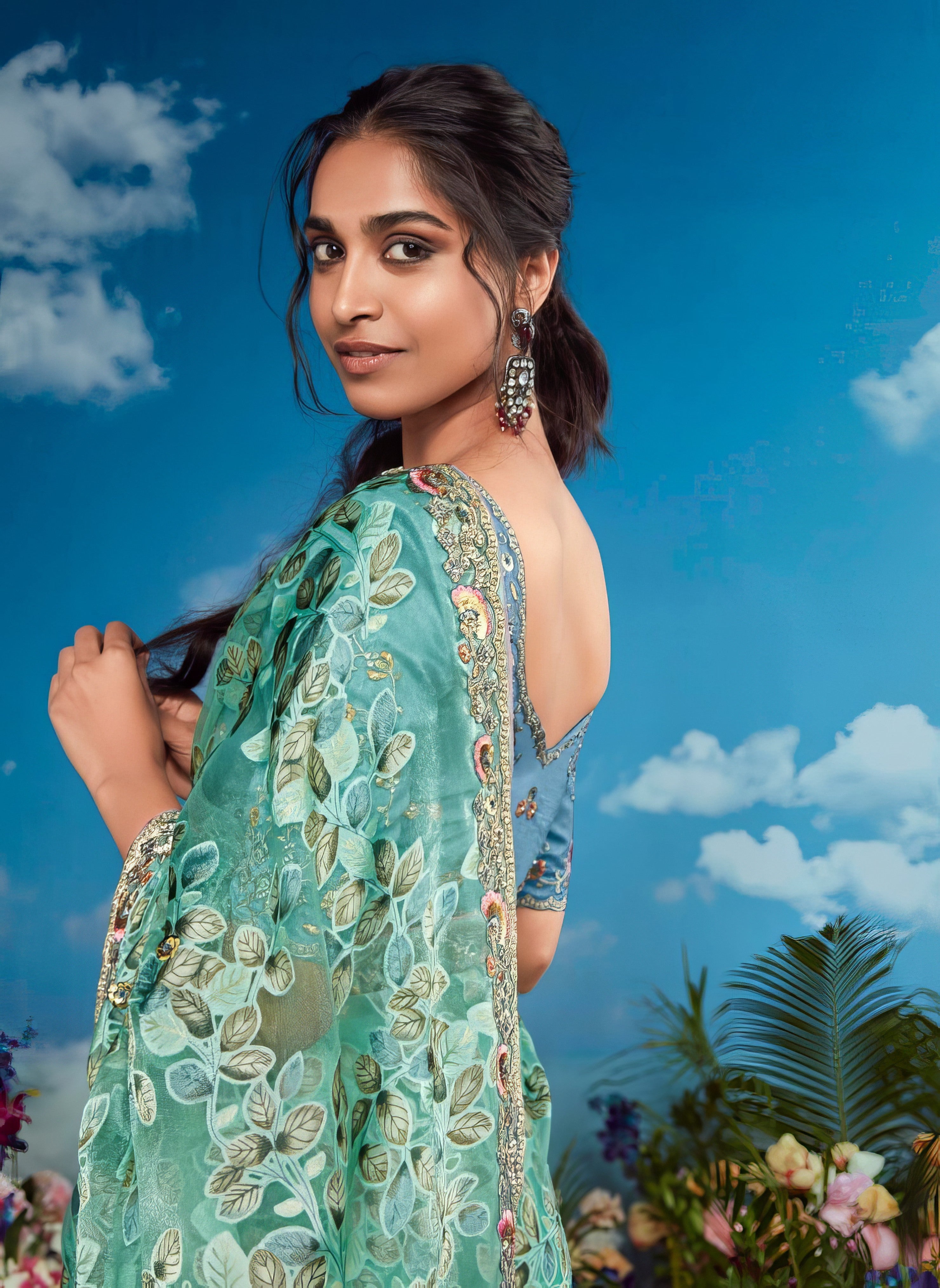 Sky Blue and Turquoise Pure Brasso Saree LXSE0035