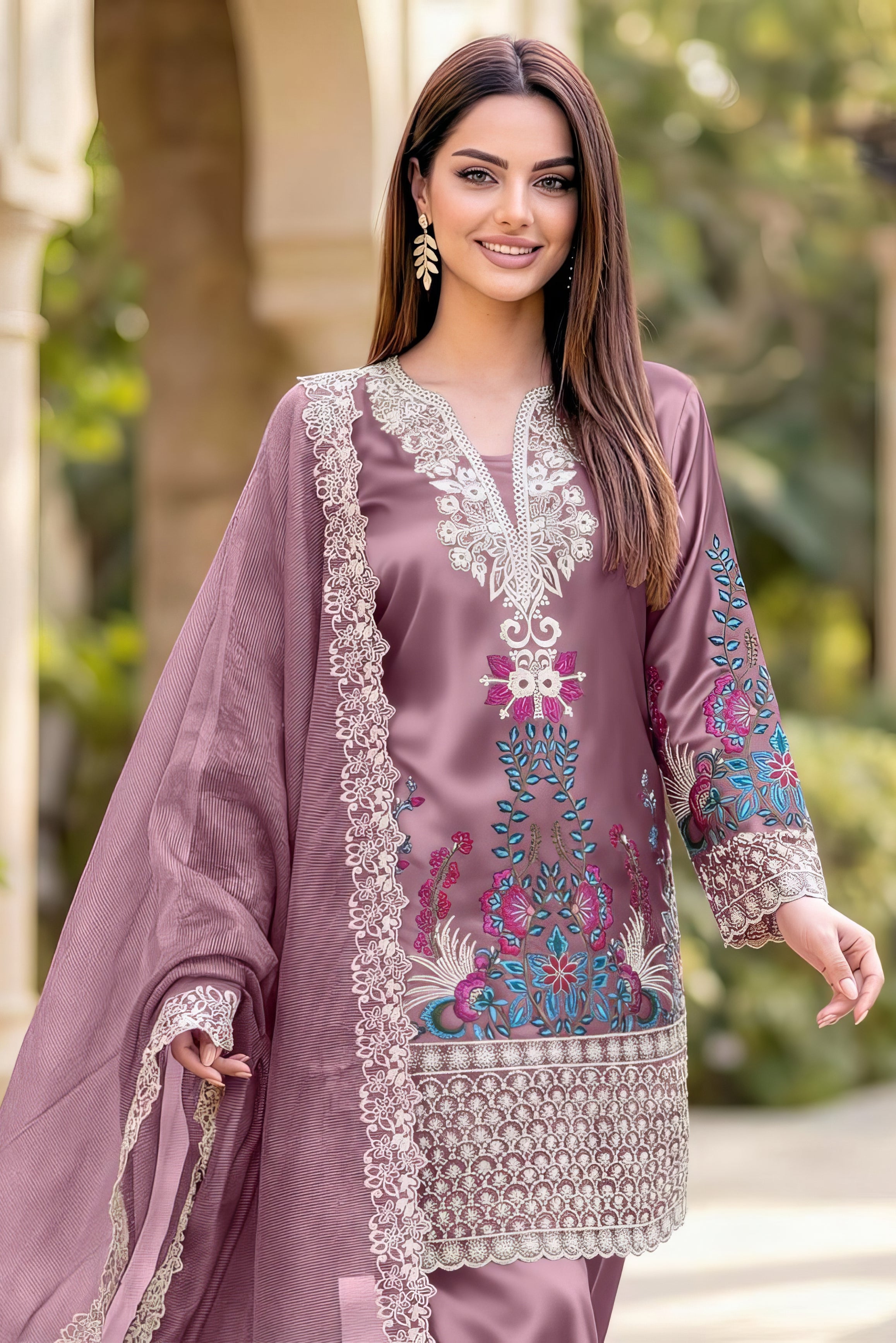 Luxury Pret Satin Tunic Set with Farshi Salwar Pakistani Suit EAPK0145