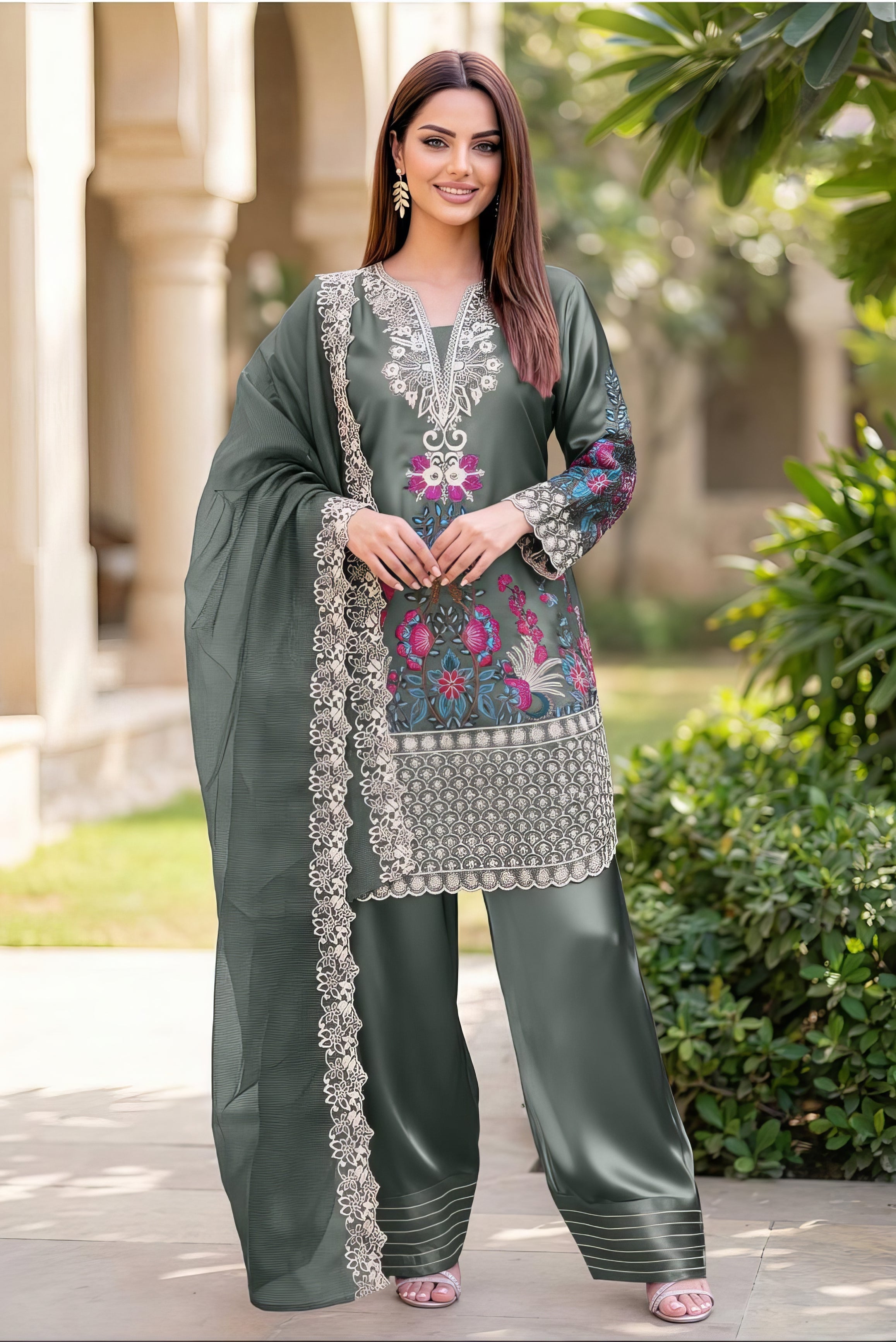 Luxury Pret Satin Tunic Set with Farshi Salwar Pakistani Suit EAPK0146