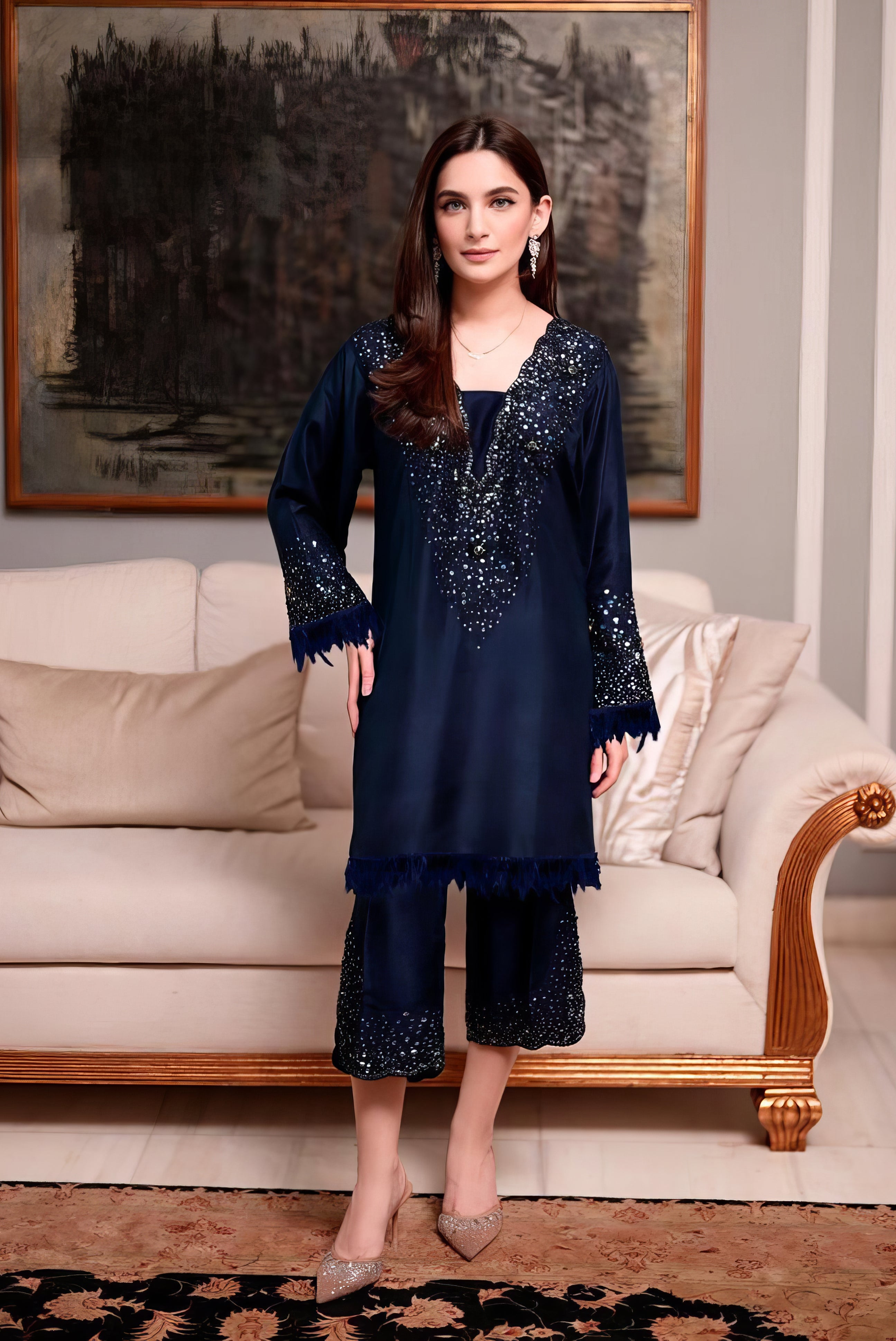 Luxury Pret Satin Handwork Tunic Set with Feather Glamour Suit Set EAST072