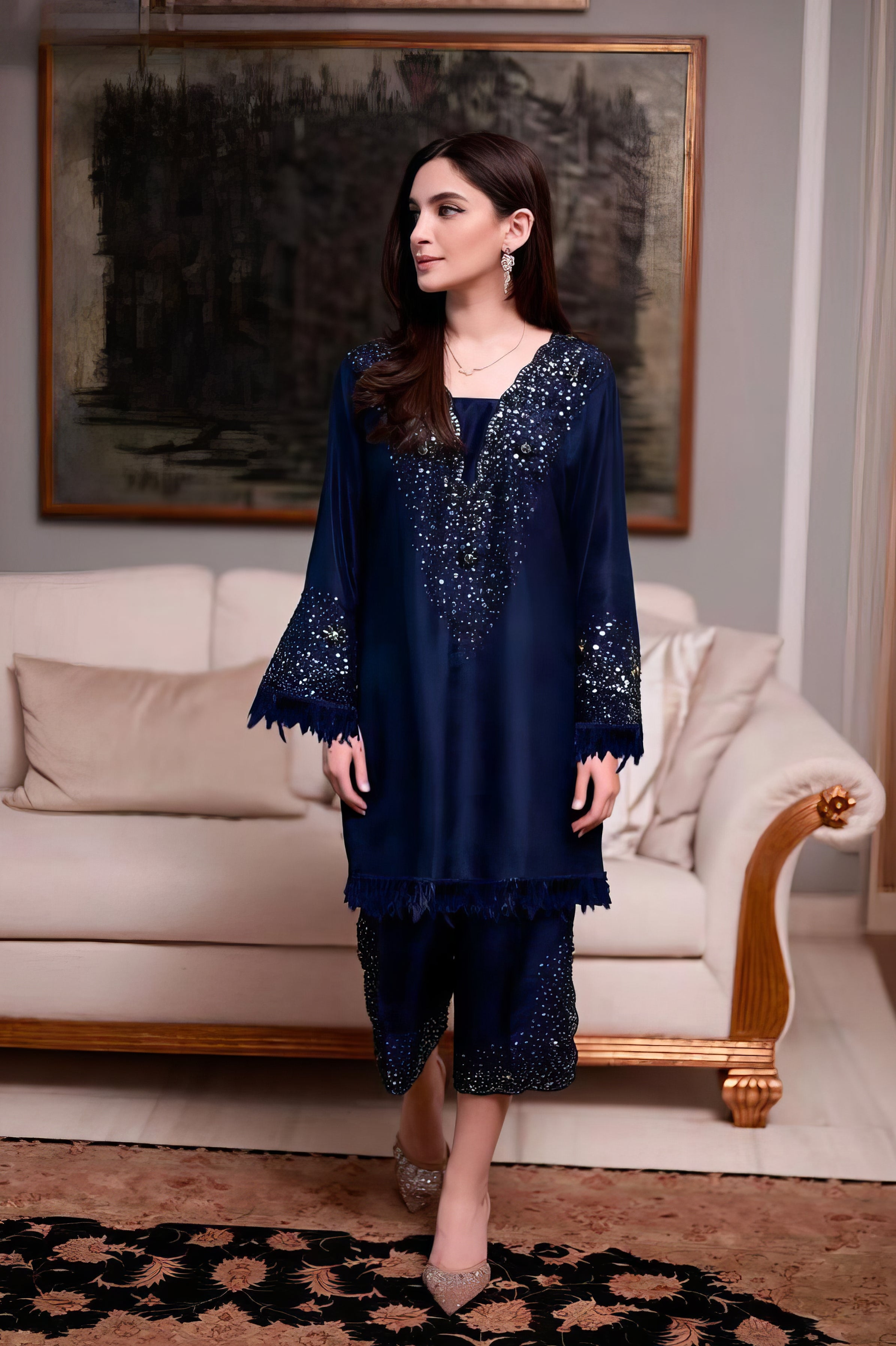 Luxury Pret Satin Handwork Tunic Set with Feather Glamour Suit Set EAST072