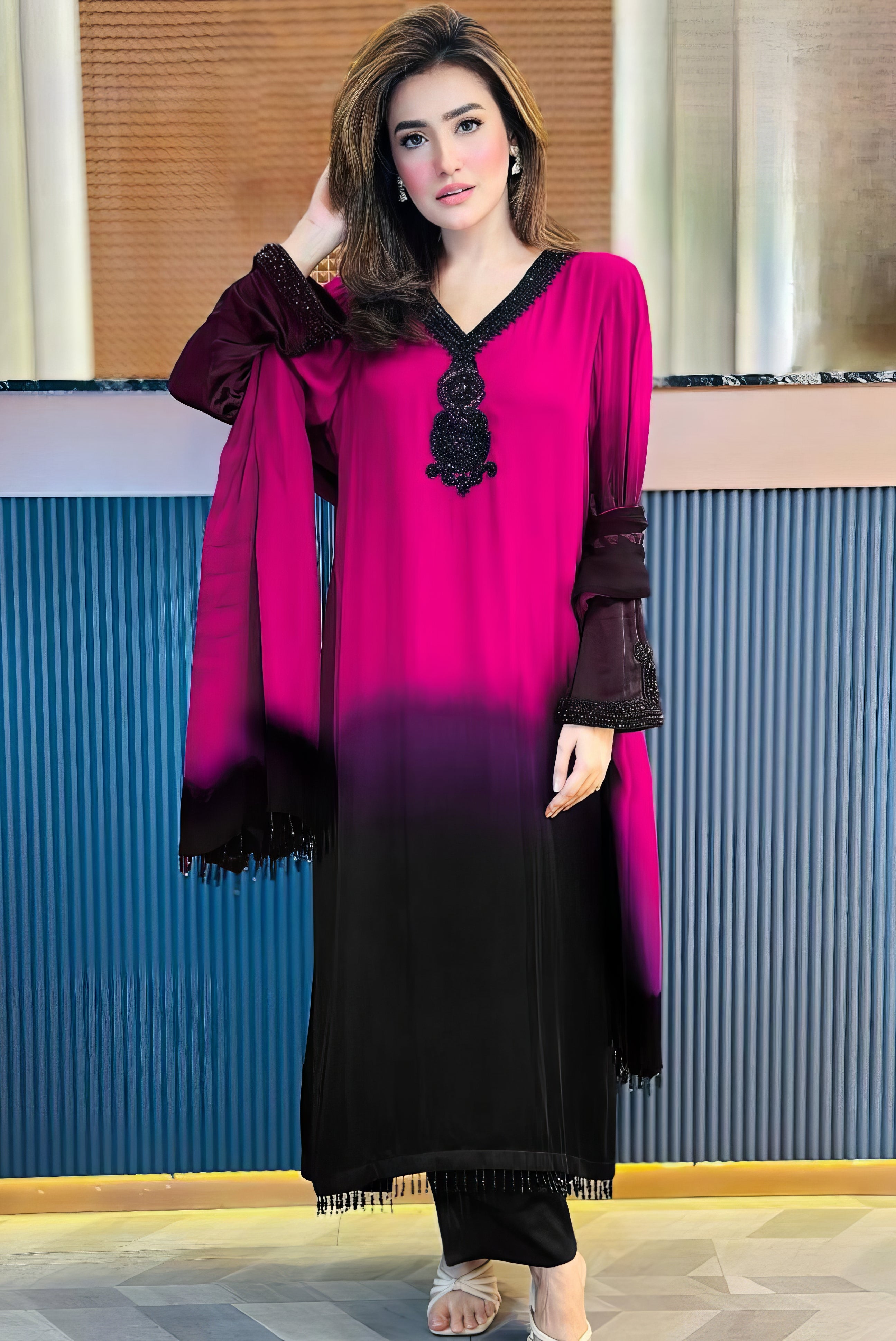 Luxury Pret Shaded Tunic Set with Pearl Lace & Handwork Suit Set EAST071