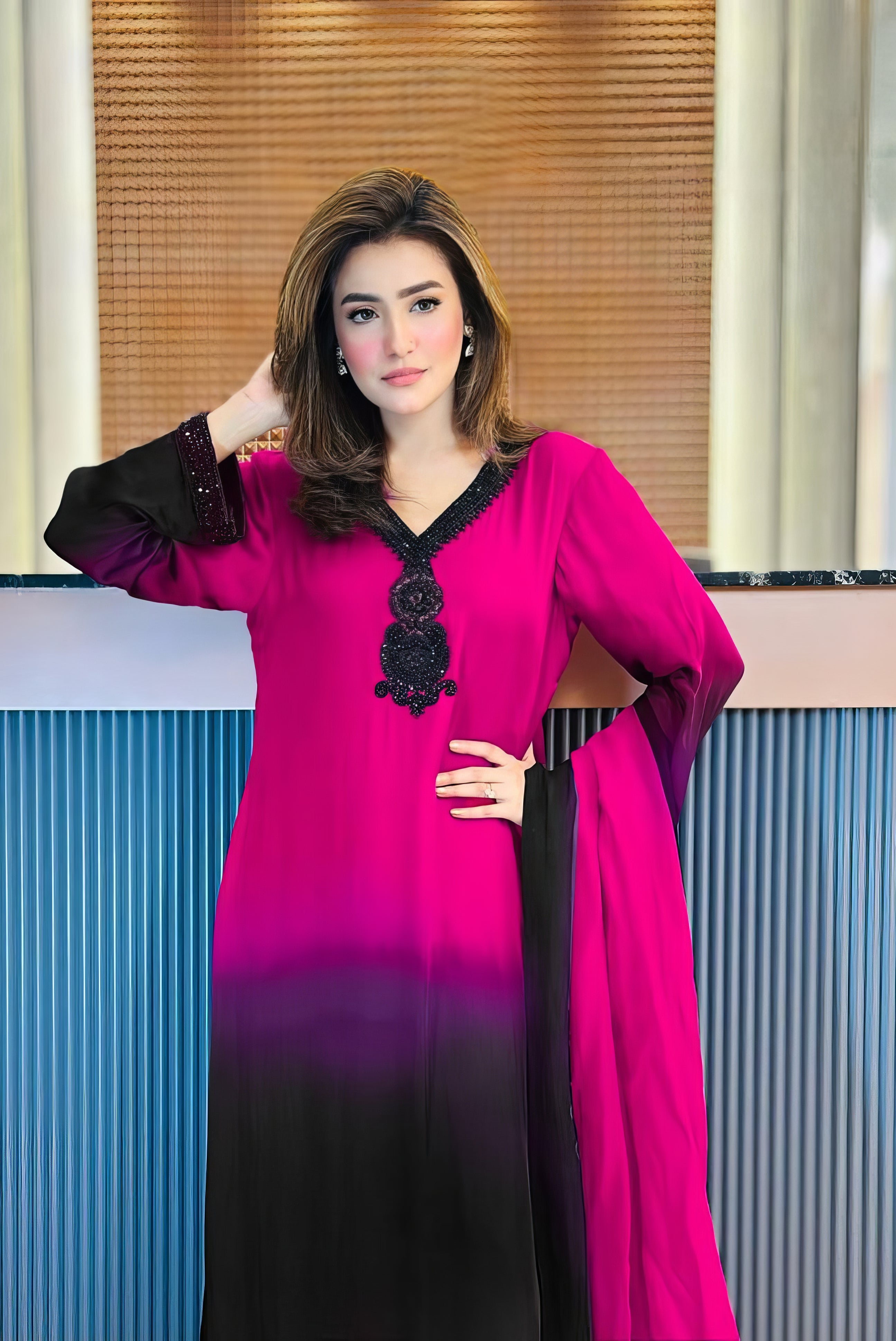 Luxury Pret Shaded Tunic Set with Pearl Lace & Handwork Suit Set EAST071