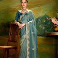 Teal Blue Designer Embroidered Border Saree LXSE0023